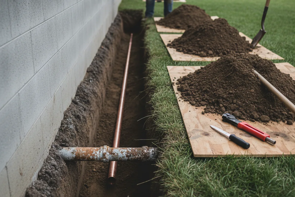 Excavated water line trench during Sewer Line Repair in Blanchard